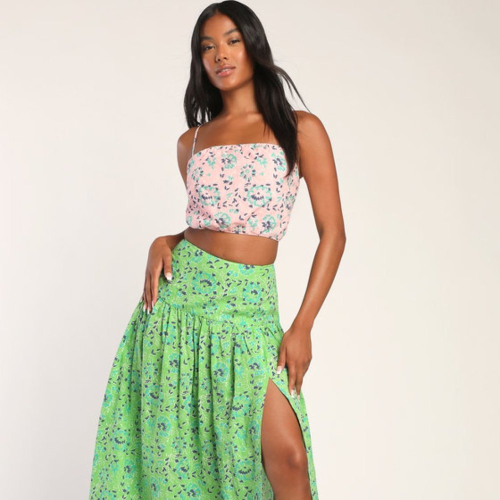 TAGS ON - Lulus Pink and Green Multi Print Two-Piece Maxi Dress, Size Large